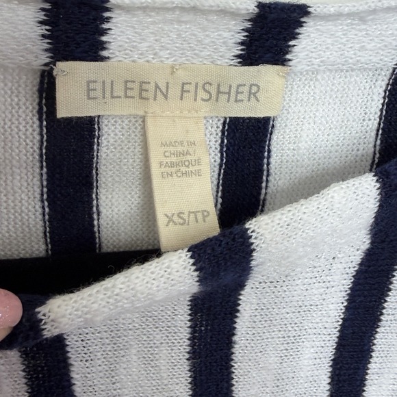 Eileen Fisher Linen Cotton Top Xs White Navy Stripe Boatneck Button Shoulder - Picture 9 of 12